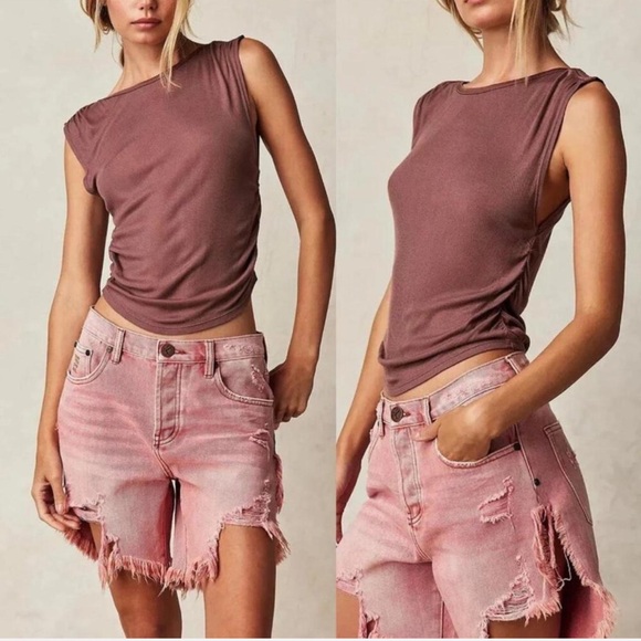 Free People Intimately Mauve/Withered Rose Ruched Boatneck Muscle Tank - Picture 2 of 11